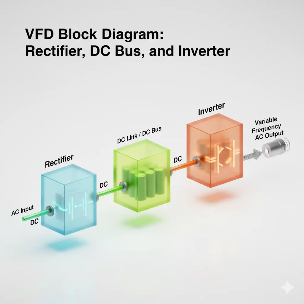 VFD Block Diagram showing Rectifier, DC Bus, and Inverter